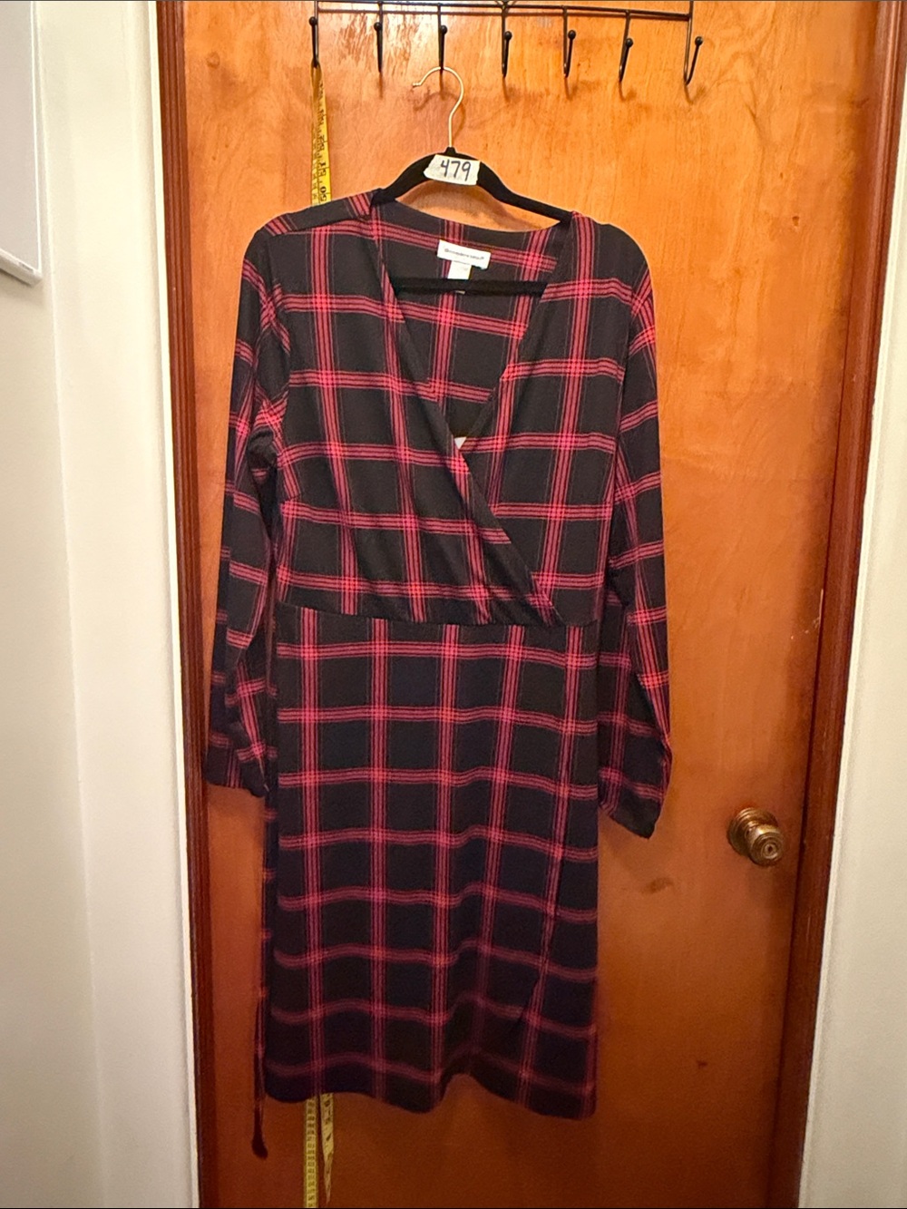 Christopher & Banks Black and Red Plaid Wrap-Style Long Sleeve Dress